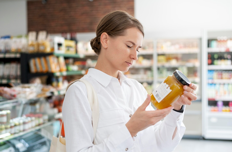 shopper reading a jar label for a beginner’s guide to reading food labels in a grocery store